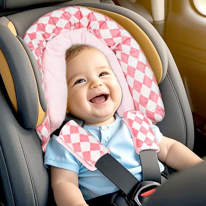 Baby Car Seat Head Support for Newborn, GFU 2 in 1 Infant Car Seat Head Body Support with Strap Pads, Soft Stroller Cushion Pillow Insert for Girls, Fits for Stroller, Swing, Pink-BubblyBeeBaby