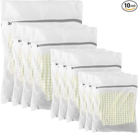 10 Pack Mesh Laundry Bags for Delicates with Non Rust Zipper- MDSXO White Laundry Bags Mesh Wash Bags, Easy Fit Bra, Sock,Lingerie,Sneaker,Baby Laundry for Washing Machine Travel Storage[1XL/3L/3M/3S]-BubblyBeeBaby