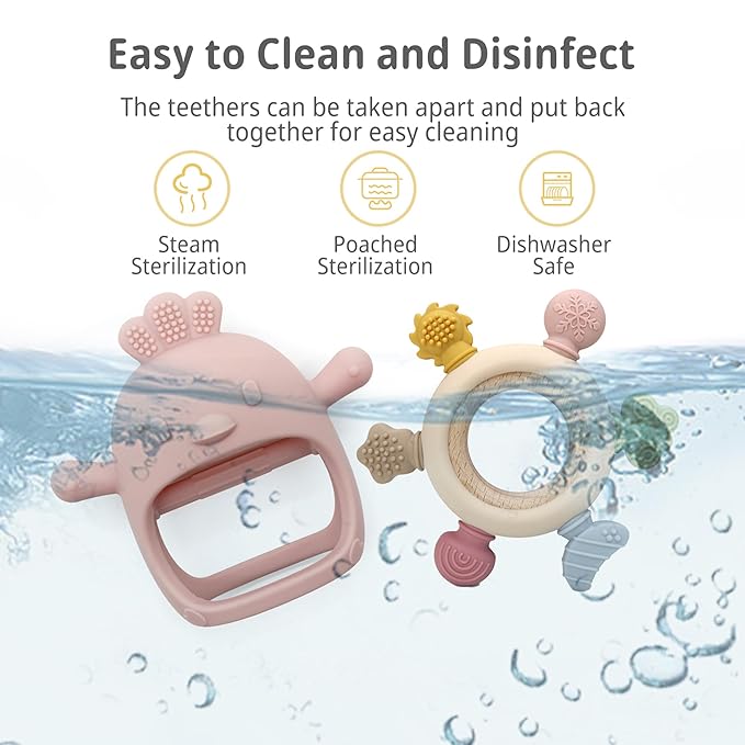 2 Pack Baby Teething Toys for 0-6 & 6-12 Months, Food Grade Silicone Teething Mitten No Drop Teether and Ring Teether, BPA Free, One-Piece, CPC Certified Baby Chew Toys for Sucking Needs-BubblyBeeBaby