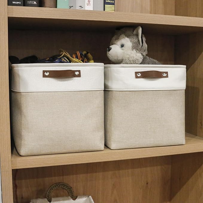 13x13 Cube Storage Bins, Collapsible Fabric Storage Box, 4 Pack Closet Baskets with Handles for Organizing, Shelf, Toys, Clothes, Home, Office, Nursery (Beige&White)-BubblyBeeBaby