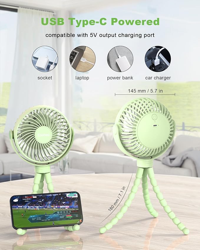 Stroller Fan Clip on for Baby, 4000mAh Rechargeable Battery Operated, Flexible Tripod, 3 Wind Speed, 360° Rotatable, Small Portable Fan for Car Seat Crib Golf Cart Beach Travel, Green-BubblyBeeBaby
