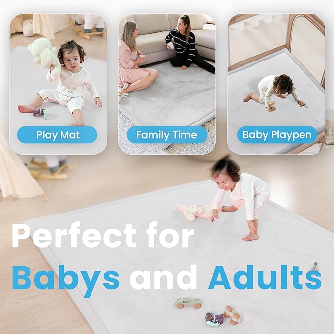 1.3" Thick Baby Play Mat for Floor, 28x72 Foam Tummy Time Mat, Padded Support Soft Plush Bedside Rugs for Infant Kids Toddler Crawling Kick Activity (Light Grey)-BubblyBeeBaby