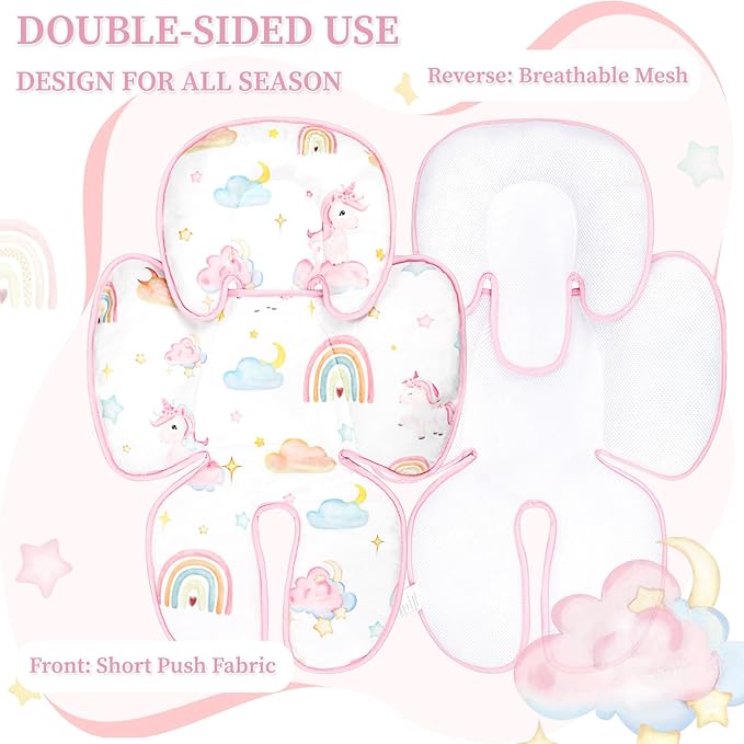 Summer Infant Car Seat Insert, 2 in 1 Baby Car Seat Head Body Support for Newborn Upgrade Mesh Baby Car Seat Insert Stroller Cushion for Boys Girls, Extra Soft and Breathable, Unicorn-BubblyBeeBaby