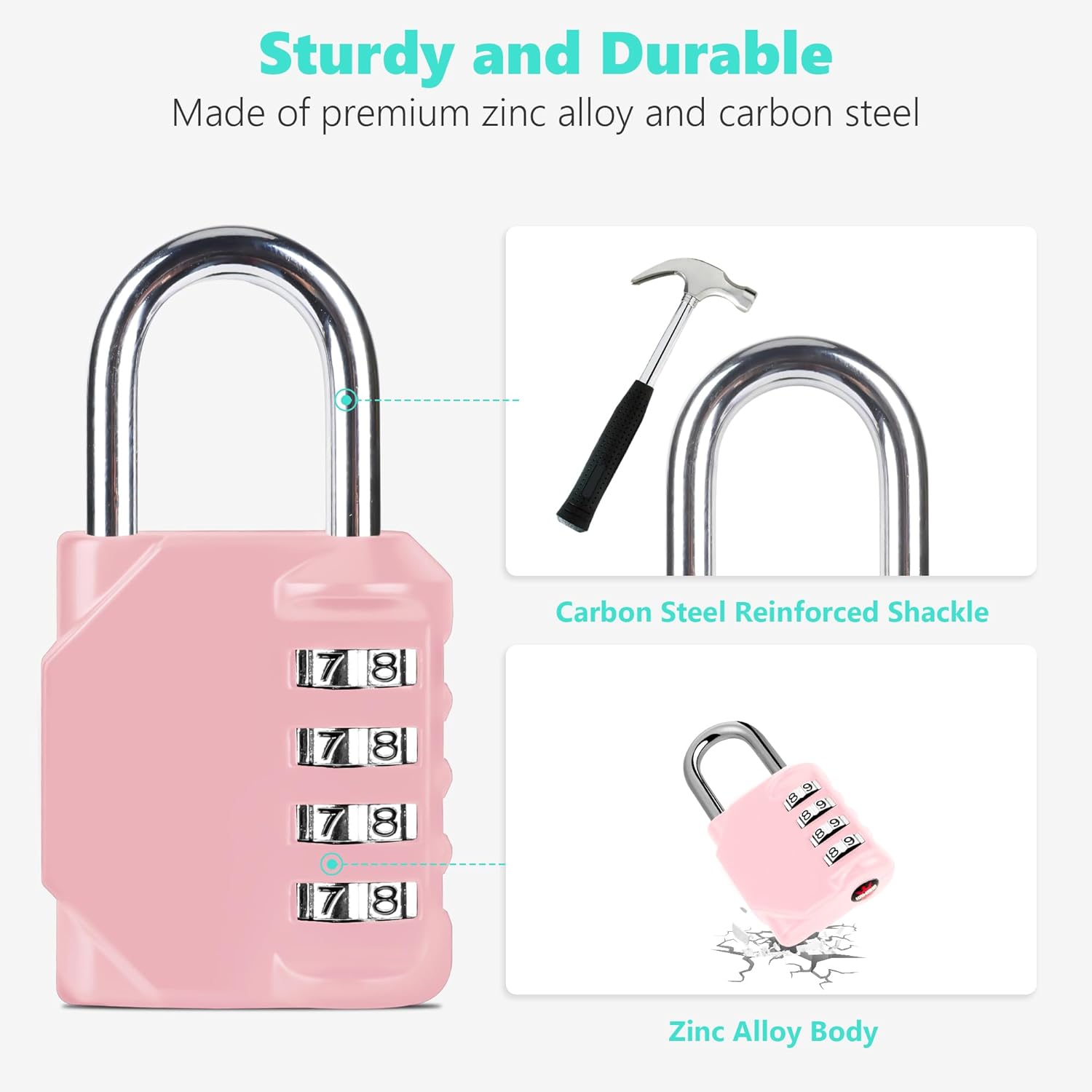 CL11RQ Combination Lock, 4 Digit Outdoor Combination Padlock Set Your own Combination for Gym Locker Lock, School, Gates, Doors, Toolbox, Hasps and Storage (Rose Quartz *1)