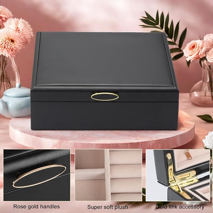 2-layer jewelry box，Jewelry Organizer with Handle，with hanging necklace hooks, detachable jewelry trays, suitable for storing a large amount of jewelry gift box (Large-Black)-BubblyBeeBaby