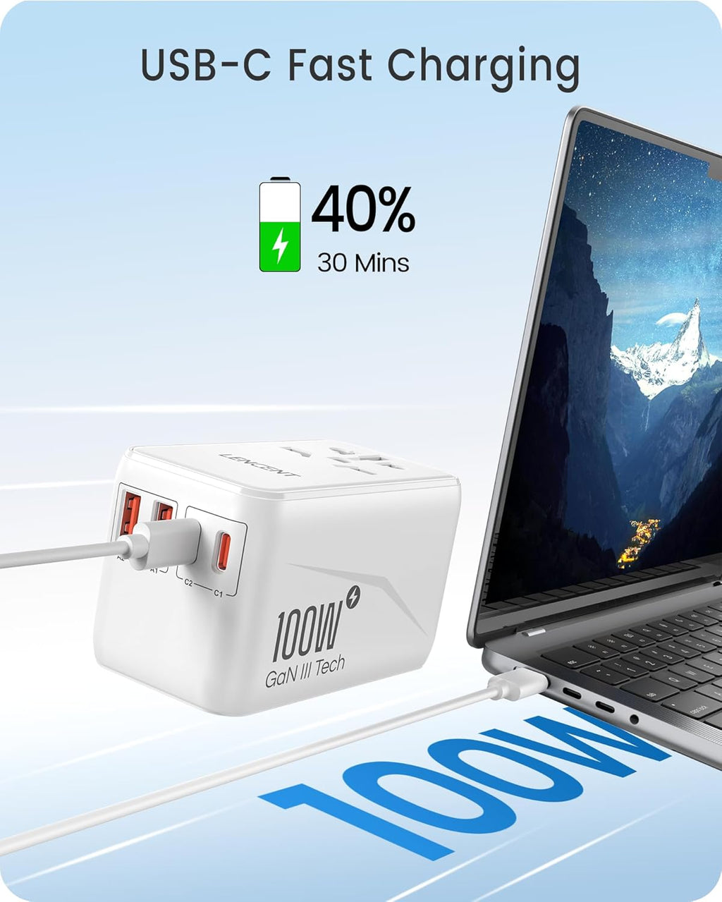 LENCENT Universal Travel Adapter, 100W GaN3 International Adaptor with 2 QC3.0 USB-A+2 PD3.0 Type-C PPS Fast Charging, Worldwide Wall Charger for iPhone,Laptop, Plug Adapter USA/UK/EU/AU