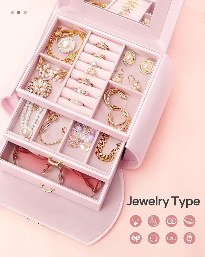 Homde Girls Jewelry Box Jewelry Storage Case Organizer with Mirror for Rings, Earrings, Bracelets, Necklaces (Light Pink + Gold)-BubblyBeeBaby