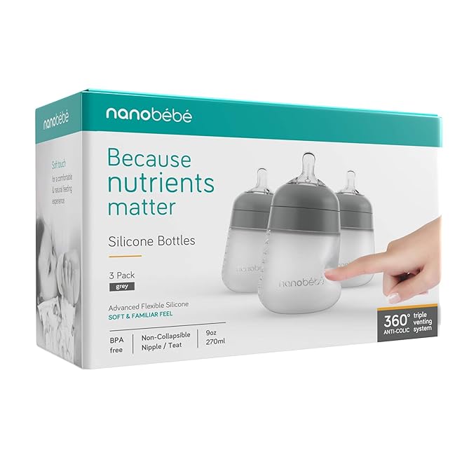 Nanobebe Flexy Silicone Baby Bottle, Anti-Colic, Natural Feel, Non-Collapsing Nipple, Non-Tip Stable Base, Easy to Clean, 3-Pack, Gray, 9oz-BubblyBeeBaby