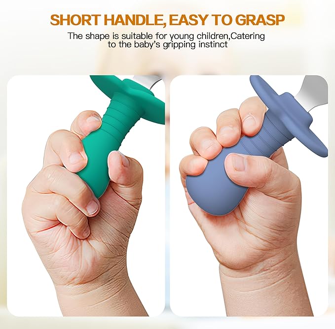 2 Pcs Baby Forks Toddler Forks for Self Feeding, Kids Forks with Silicone Round Handle, Stainless Steel Toddler Utensils Children Safe Silverware Set, Anti-Choke Design, BPA Free-BubblyBeeBaby