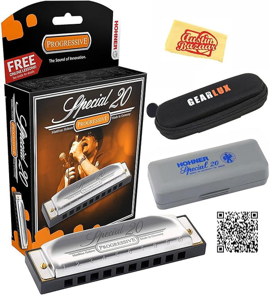 Hohner Special 20 Harmonica - Key of B Bundle with Case, Pouch, Online Manual, and Austin Bazaar Polishing Cloth-BubblyBeeBaby