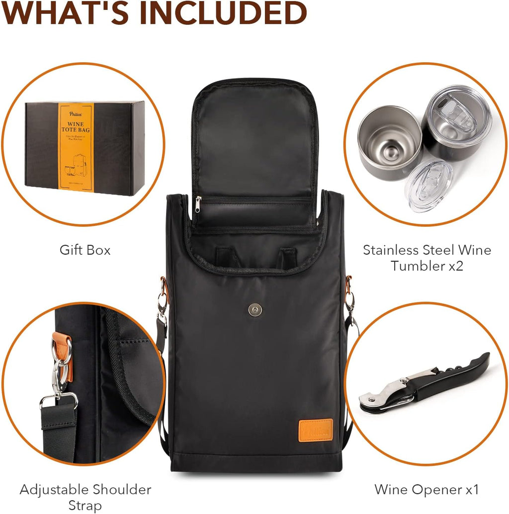 3 Bottle Wine Tote Bag with Tumblers and Opener, Portable Wine Carrier Purse for Travel/Picnic/Beach/Pool/Events/Hiking, Black