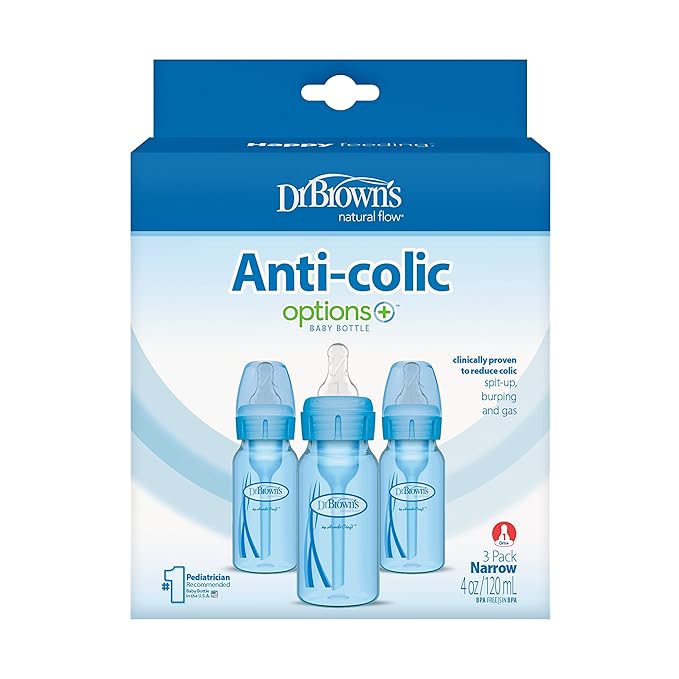 Dr. Brown’s Natural Flow® Anti-Colic Options+™ Narrow Baby Bottles 4 oz/120 mL, with Level 1 Slow Flow Nipple, 3 Pack, 0m+ Blue-BubblyBeeBaby