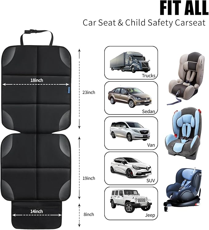 Car Seat Protector for Child Carseat, 1 Pack Protect Car Seat Cover for Baby with Thickest Padding and Non-Slip Padded Backing Mesh Pockets Kids Pets Car Back Seat Protectors(Black)-BubblyBeeBaby