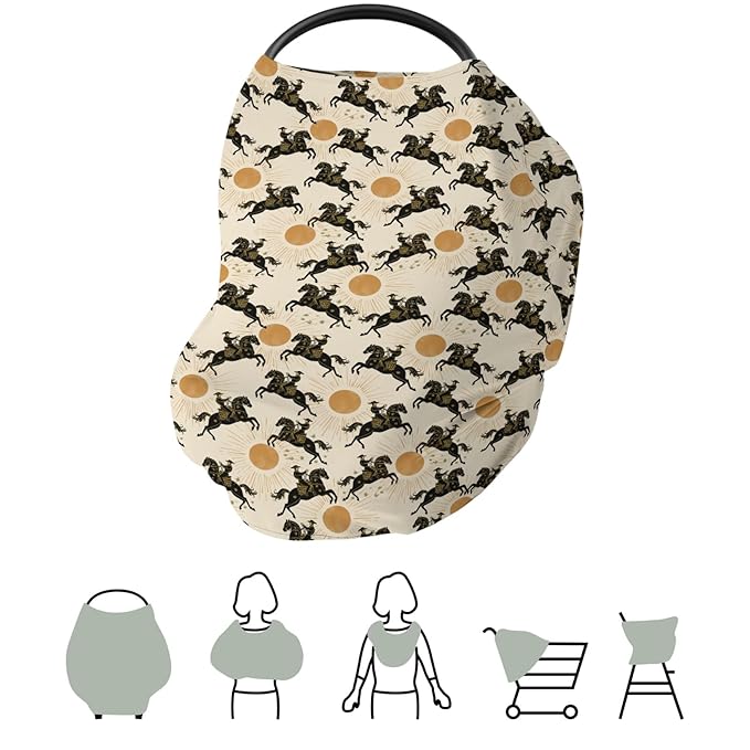 Western Cowboys Sunshine Baby Car Seat Covers Cowboy Horse Sun Stretchy 5-in-1 Cover Adjustable Car Canopy Breastfeeding Cover Wild West Desert Breathable Nursing Cover-Up-BubblyBeeBaby