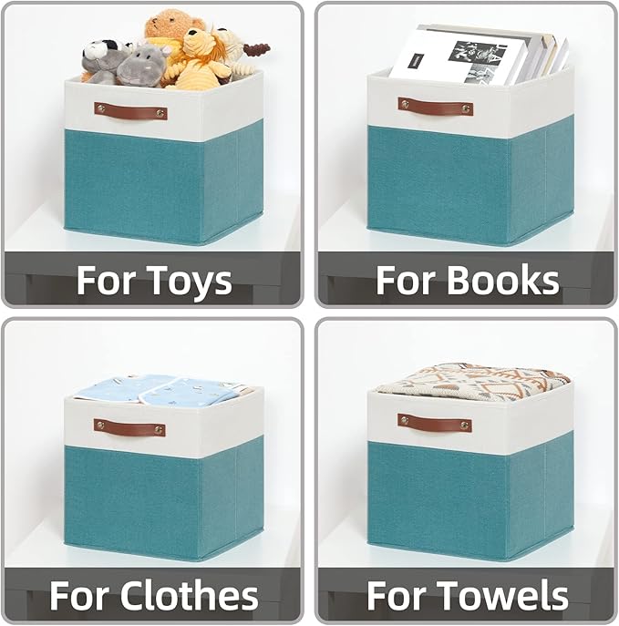HNZIGE Storage Cubes Bins for Organization Set of 4, Fabric Storage Cube 12 x12, Collapsible Storage Bins Basket Cube with Handles, Canvas for Organizing Shelf Home Nursery(Teal White)-BubblyBeeBaby