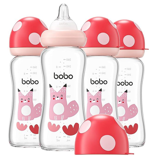 YOHKOH Natural Glass Baby Bottle with Natural Response Nipple, Newborn Anti-Colic Baby Bottles, Wide Neck Mushroom Cap Baby Bottle, Clear (8.8ounce (Pack of 4), Red2)-BubblyBeeBaby
