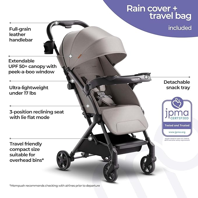 Mompush Lithe V2 Lightweight Travel Stroller, Compact Foldable Baby Stroller with Travel Bag, One-Hand Fold Stroller, Snack Tray, Mechanical Recline Seat, Airplane-Ready, Organizer & Rain Cover-BubblyBeeBaby