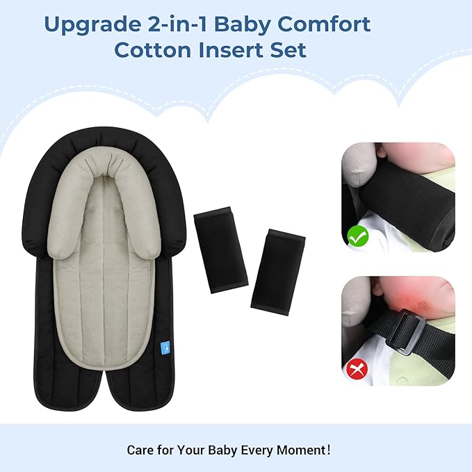 COOLBEBE Upgraded Babybody Support & Strap Covers Set for Newborn Infant Toddler - Extra Soft Breathable Car Seat Insert Cushion Pad, Perfect for Carseats, Strollers, Swing, Black-BubblyBeeBaby