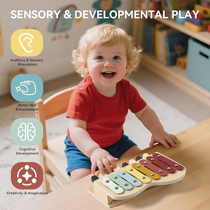 IEATFO 2-in-1 Piano Xylophone Wooden Musical Toy for Toddlers 1-3, Educational Musical Learning Instruments with 8 Colorful Keys, 5 Classic Song Sheets, Montessori Sensory Music Set for Girls Boys-BubblyBeeBaby