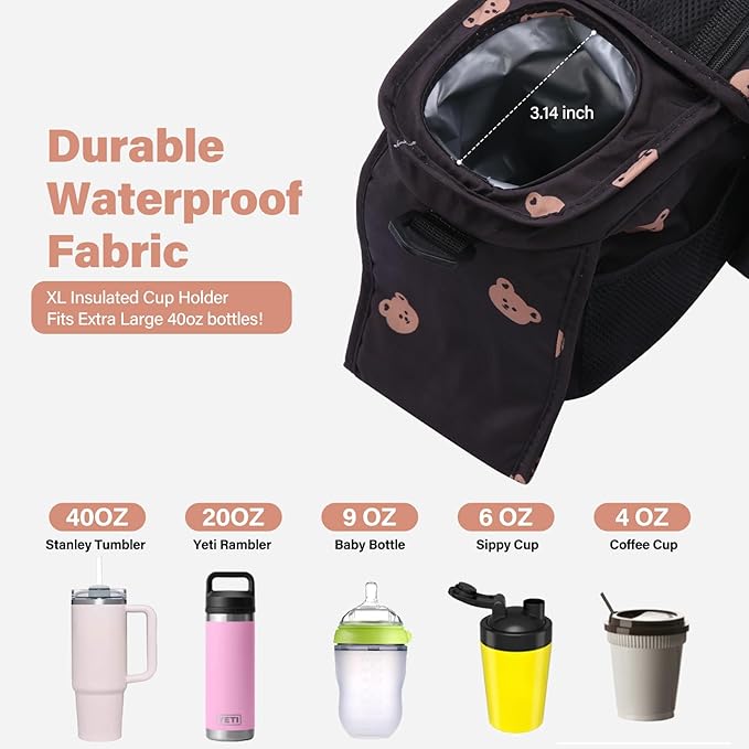 Universal Stroller Organizer with Cup Holders, Detachable Wristlet | Fits All Strollers | Stroller Diaper Bag Organizer with Phone Pocket, Insulated Bottle Holder & Storage Compartments-BubblyBeeBaby