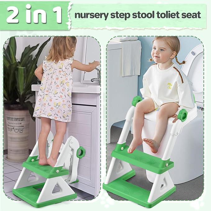 2 In 1 Potty Training Toilet Seat & Toddler Step Stool, Bottom Triangle Stability Toddler Toilet Seat, Adjustable Step & Seat Height Potty Seats (Green)-BubblyBeeBaby
