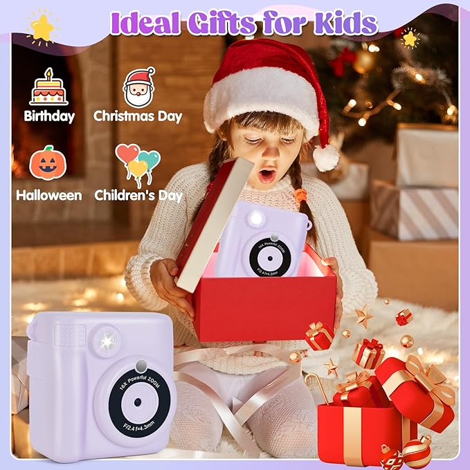 Instant Print Camera for Kids - 2.4 Inch Kids Camera Instant Print with Paper & 32G Card- Digital Children Toys as Christams Birthday Gifts for Girls Boys Age 3-12 - Purple-BubblyBeeBaby
