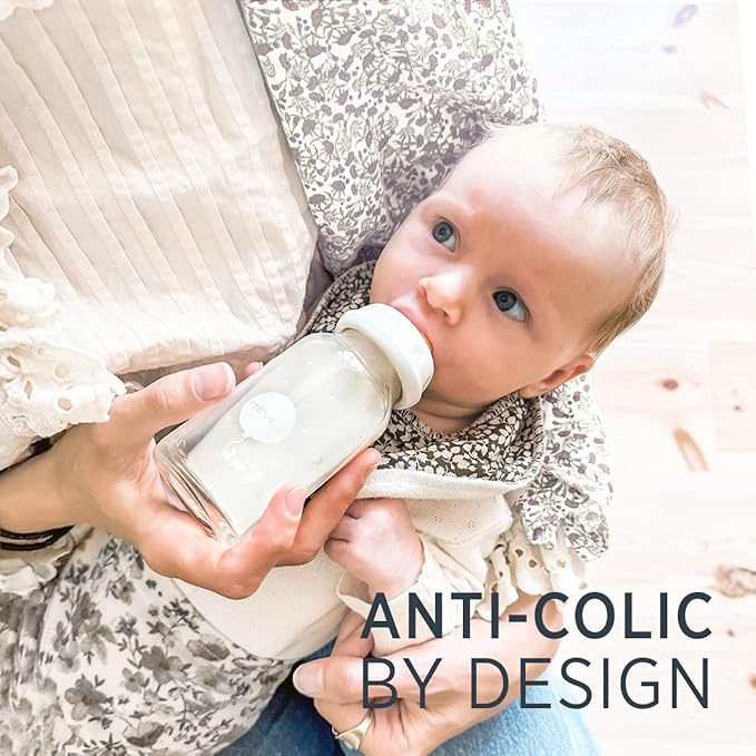 HEVEA Standard Neck Glass Baby Bottles - Medium Flow Anti Colic Baby Bottles (8 Ounce (Pack of 2))-BubblyBeeBaby