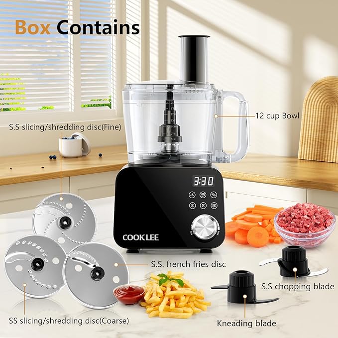 COOKLEE Food Processor, 600 Watts, 6 Functions Electric Food Chopper for Chopping, Mincing, Dicing, Shredding, Slicing, Purees & Dough with 12cup Processor Bowl, Food Chute & Pusher, Black-BubblyBeeBaby