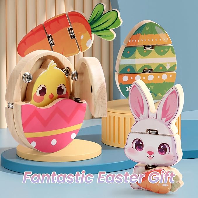 HUZU Easter Snap Builders, Easter Basket Stuffers Bunny, Carrot, Egg, Chick Wooden Puzzle Toy, Basket Essentials Take Apart & Mix Characters Kids Montessori STEM Fine Motor Skill-BubblyBeeBaby