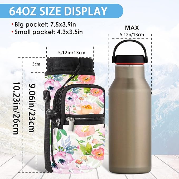 25/32/40/64oz Water Bottle Bag Holder Carrier-Insulated Crossbody Sling Case Sleeve with Strap & Pockets for Men Women Gym Cycling Travel Walking Hiking Camping-BubblyBeeBaby