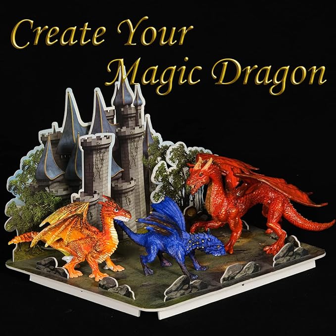 Kids Arts Crafts Set - Dragon Toys Painting Kit with 3 Dragons Figurines and 3D Jigsaw Puzzle Castle, Best Tween Paint Gift to Create Own Powerful Dragon-BubblyBeeBaby
