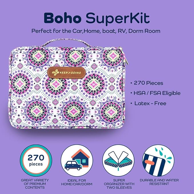 KeepGoing Large Home First Aid Kit for Kids – 270 Pc. for Car, Home, Dorm, & Boat with Latex-Free Bandages – 10 x 7 x 3.5 in. Travel First Aid Kit (Boho)-BubblyBeeBaby