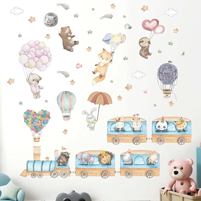 Hot Air Balloon Animal Wall Decals - Elephant Lion Giraffe Train Animal Wall Stickers - Baby Nursery Kids Girls Bedroom Daycare Wall Decor-BubblyBeeBaby