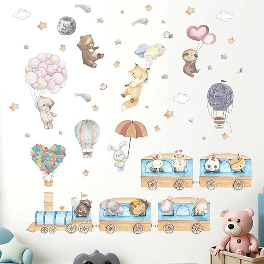 Hot Air Balloon Animal Wall Decals - Elephant Lion Giraffe Train Animal Wall Stickers - Baby Nursery Kids Girls Bedroom Daycare Wall Decor-BubblyBeeBaby