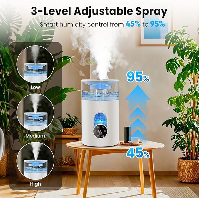 Humidifiers for Bedroom Large Room Home - GloryAir 6L Quiet Top Fill Cool & Warm Mist Humidifier with Smart Humidity Control, Remote Control, 7-Color Light, Humidistat, Oil Diffuser for Plants & Baby-BubblyBeeBaby