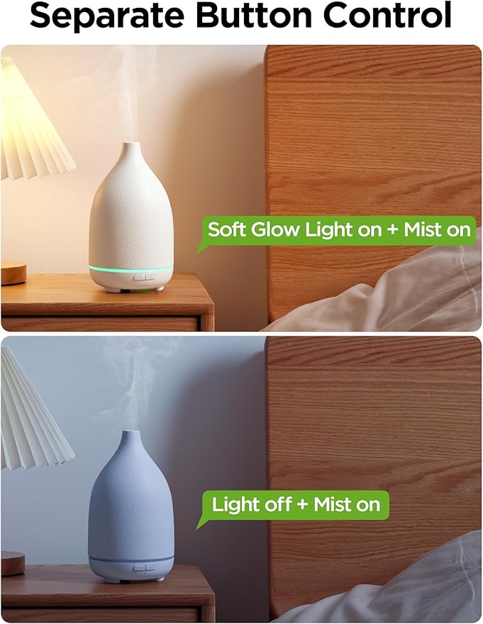 InnoGear Oil Diffuser, 150ML Ceramic Diffuser for Essential Oils Handcrafted Aromatherapy Diffuser Ultrasonic Cool Mist Humidifier with 2 Mist Modes Waterless Auto Off for Room Office, White Base-BubblyBeeBaby