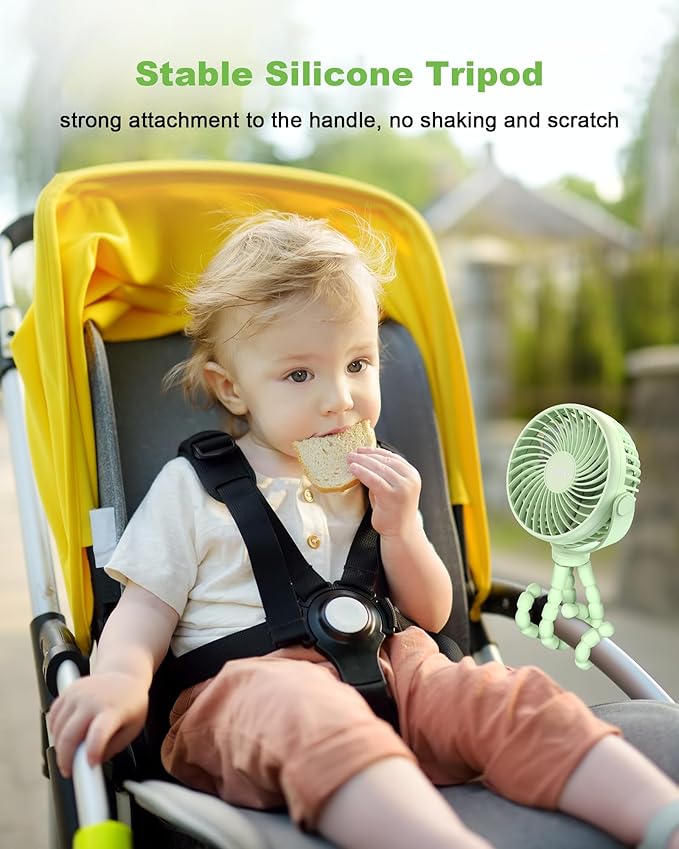 Stroller Fan Clip on for Baby, 4000mAh Rechargeable Battery Operated, Flexible Tripod, 3 Wind Speed, 360° Rotatable, Small Portable Fan for Car Seat Crib Golf Cart Beach Travel, Green-BubblyBeeBaby