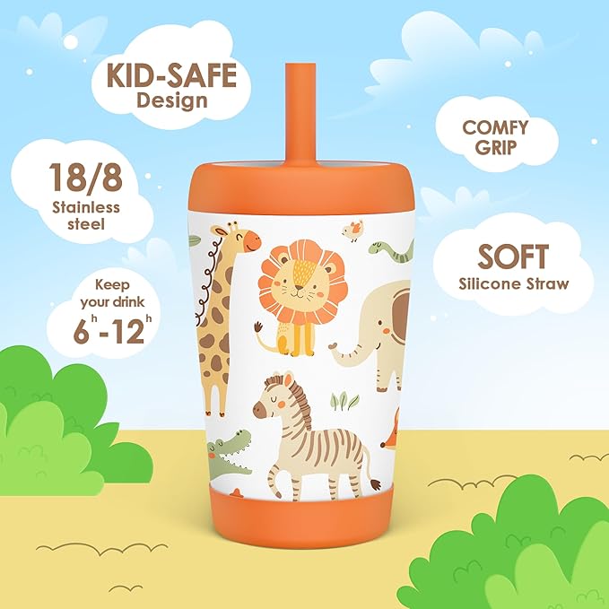 Kid Insulated Stainless Steel Tumbler with Silicone Straw, 12oz Sippy Cup for Kids (Jungle Animals)-BubblyBeeBaby