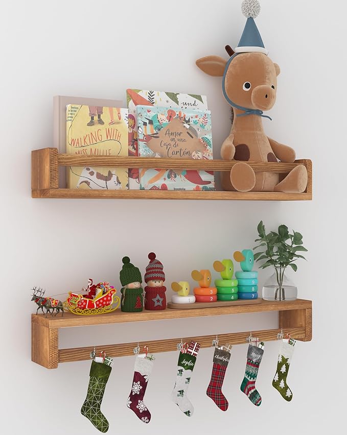 Heimlove 24 Inch Nursery Floating Shelves, Nursery Book Shelves for Wall, Wall Bookshelf for Kids Solid Wood Wall Mounted Shelves for Books,Toys and Decor Storage, Set of 2-BubblyBeeBaby