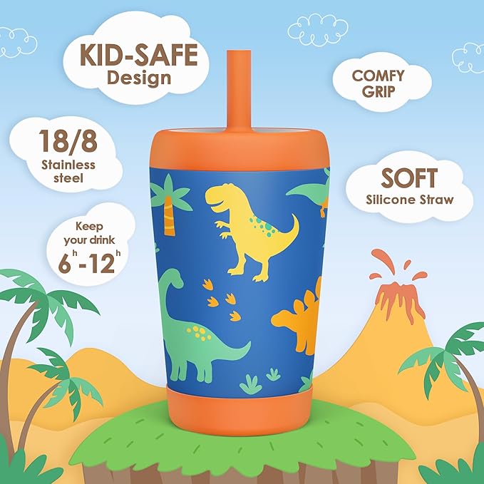 Kid Insulated Stainless Steel Tumbler with Silicone Straw, 12oz Sippy Cup for Kids (Dinosaurs)-BubblyBeeBaby