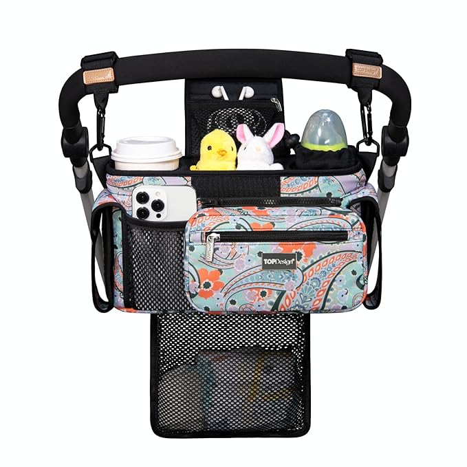 TOPDesign Universal Baby Stroller Organizer, Stroller Caddy with Detachable Mesh Bag & Heightened Insulated Cup Holders & Non-Slip Secure Hooks Accessories, Fits Most Strollers (Green Bandanna)-BubblyBeeBaby
