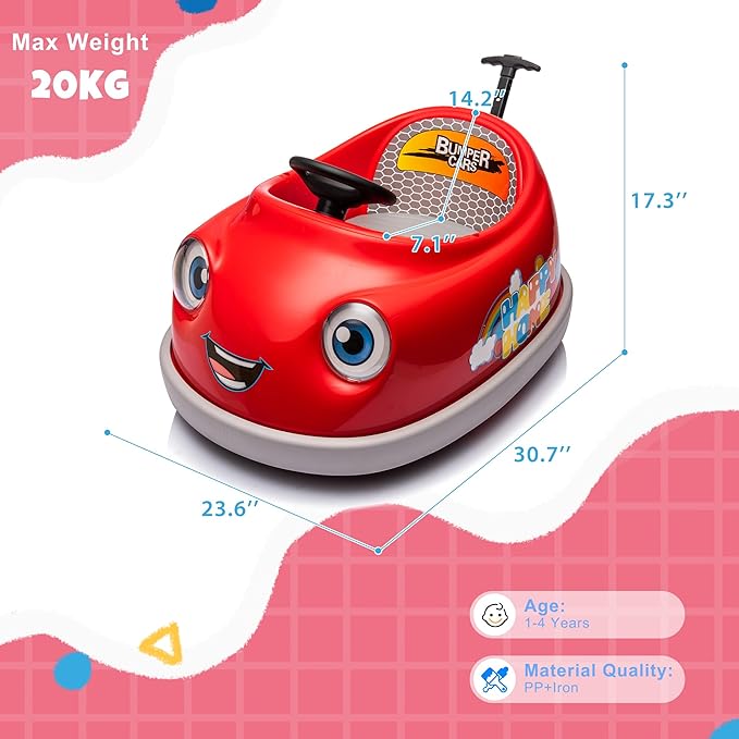 12V Dual Battery Electric Ride on Kids Bumper Car w/Remote Control,360 Degree Spin,Push Rod Rocker Horse Function,3-Speeds Babies & Toddlers Bumping Car Ride on Toy Gift for 1-4 Years Children (Red)-BubblyBeeBaby