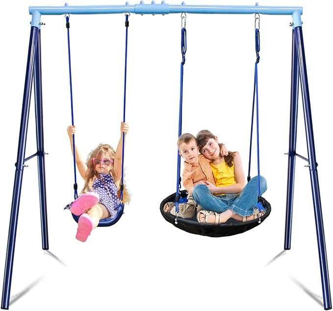2 Seat Swing Set for Backyard - Metal A-Frame Holds 440 lbs, 1 Adjustable Saucer Swing and 1 u-Shape Swing - Suitable for Kids 3-8 Years-BubblyBeeBaby