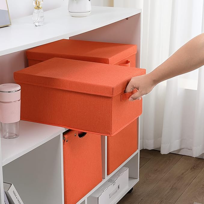 HOONEX Storage Bins with Lids for Organizing, Pack of 2, Storage Boxes with 2 Carrying Handles and Sturdy Heavy Cardboard, 16.5" L x 11.8" W x 7.5" H for Shoes, Books, Clothes, Nursery, Orange-BubblyBeeBaby