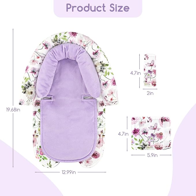 GFU Baby Car Seat Head Support for Newborn, 2 in 1 Infant Car Seat Head Body Support with Strap Pads, Soft Stroller Cushion Pillow Insert for Girls and Boys, Fits for Stroller, Swing, Purple Floral-BubblyBeeBaby