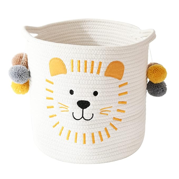 INough Toy Storage Baskets Cute Laundry Basket with Handles Dog Toy Storage Basket Durable Large Cotton Rope Storage Bins Home Organizer Solution for Office, Bedroom, Closet, Toys & Laundry (Lion)-BubblyBeeBaby