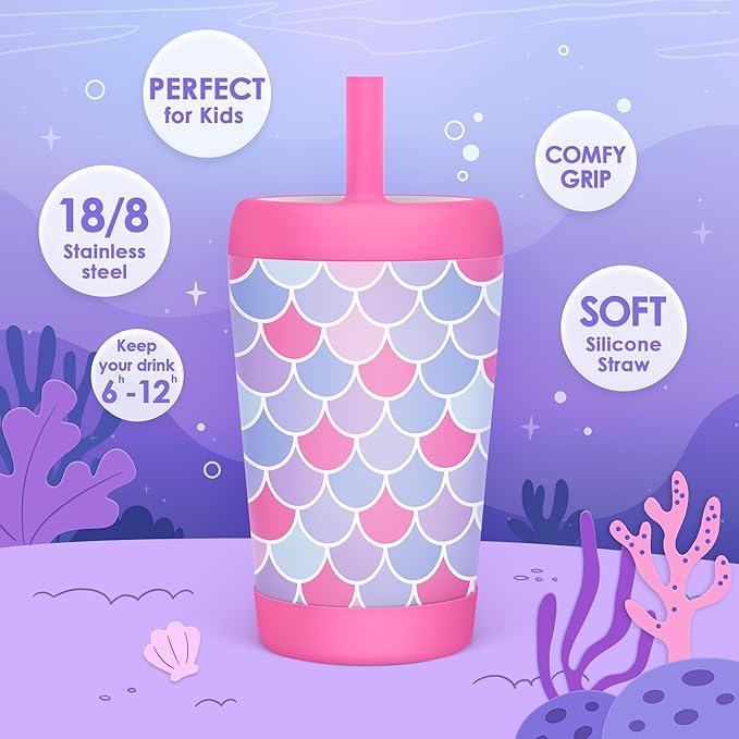 Kid Insulated Stainless Steel Tumbler with Silicone Straw, 12oz Sippy Cup for Kids (Mermaid Scale)-BubblyBeeBaby