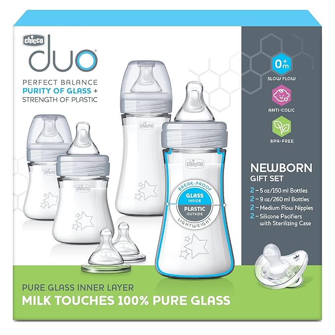 Chicco Duo Newborn Hybrid Baby Bottle Starter Gift Set with Invinci-Glass Inside and Plastic Outside | Dishwasher, Bottle Warmer, and Electric Sterilizer Safe | Intui-Latch Nipple | Clear/Grey-BubblyBeeBaby
