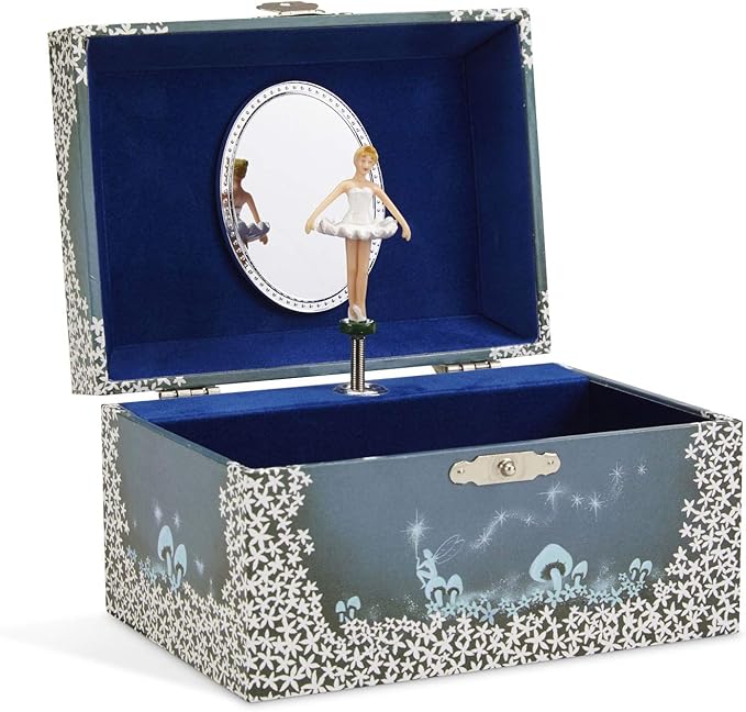 Jewelkeeper Girl's Musical Jewelry Storage Box with Twirling Fairy Blue and White Star Design, Swan Lake Tune-BubblyBeeBaby