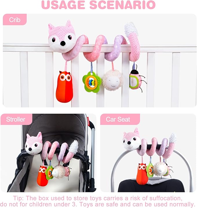 Jollybaby Baby Car Seat Stroller Toys, Plush Activity Hanging Spiral Activity Pram Crib with Music Box, Rattles, Squeaker for Babies Infant Boys Girls(Pink Fox)-BubblyBeeBaby